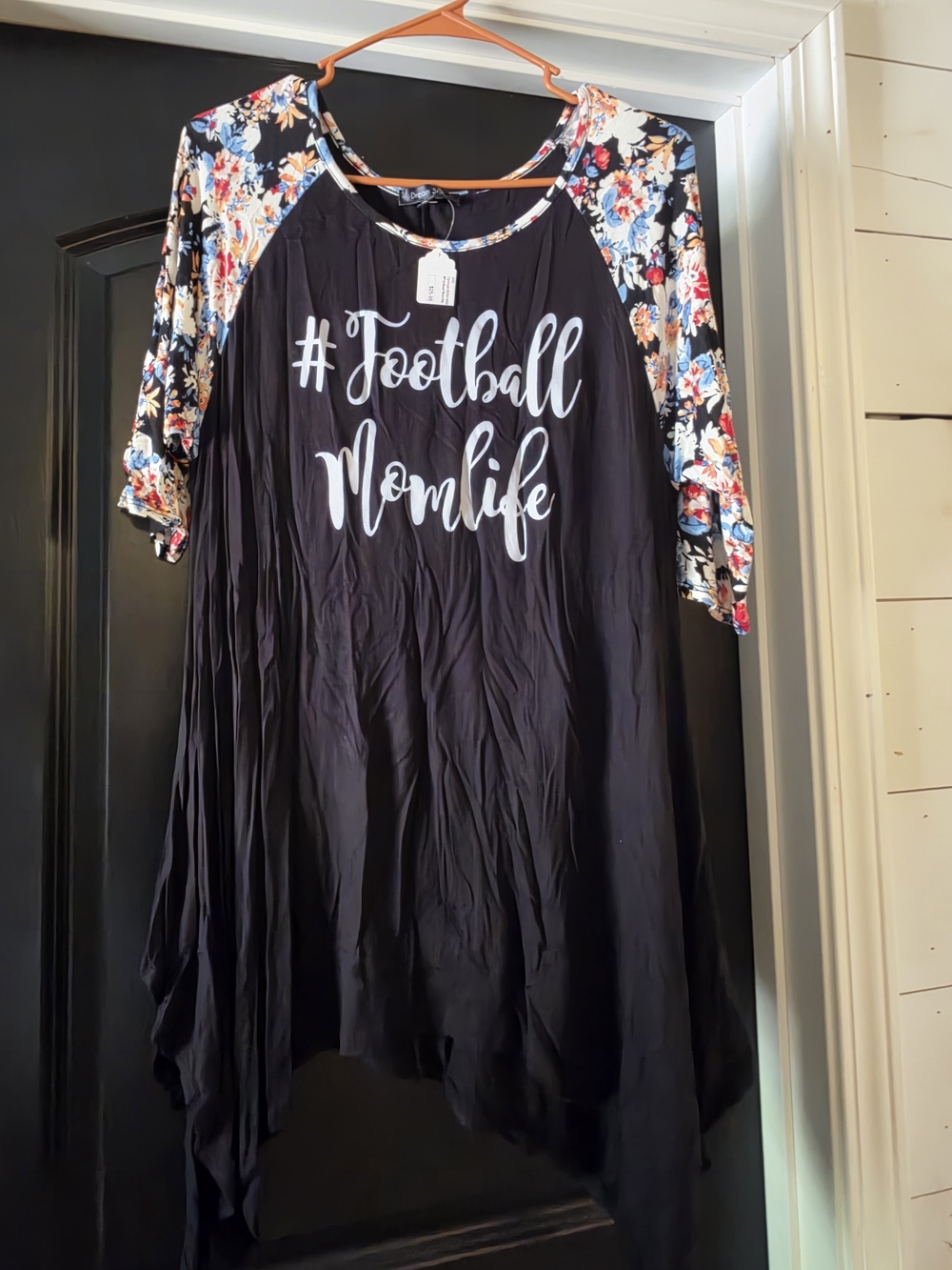 Black Floral-Sleeve "#Football Momlife" Long Sleeve Tunic